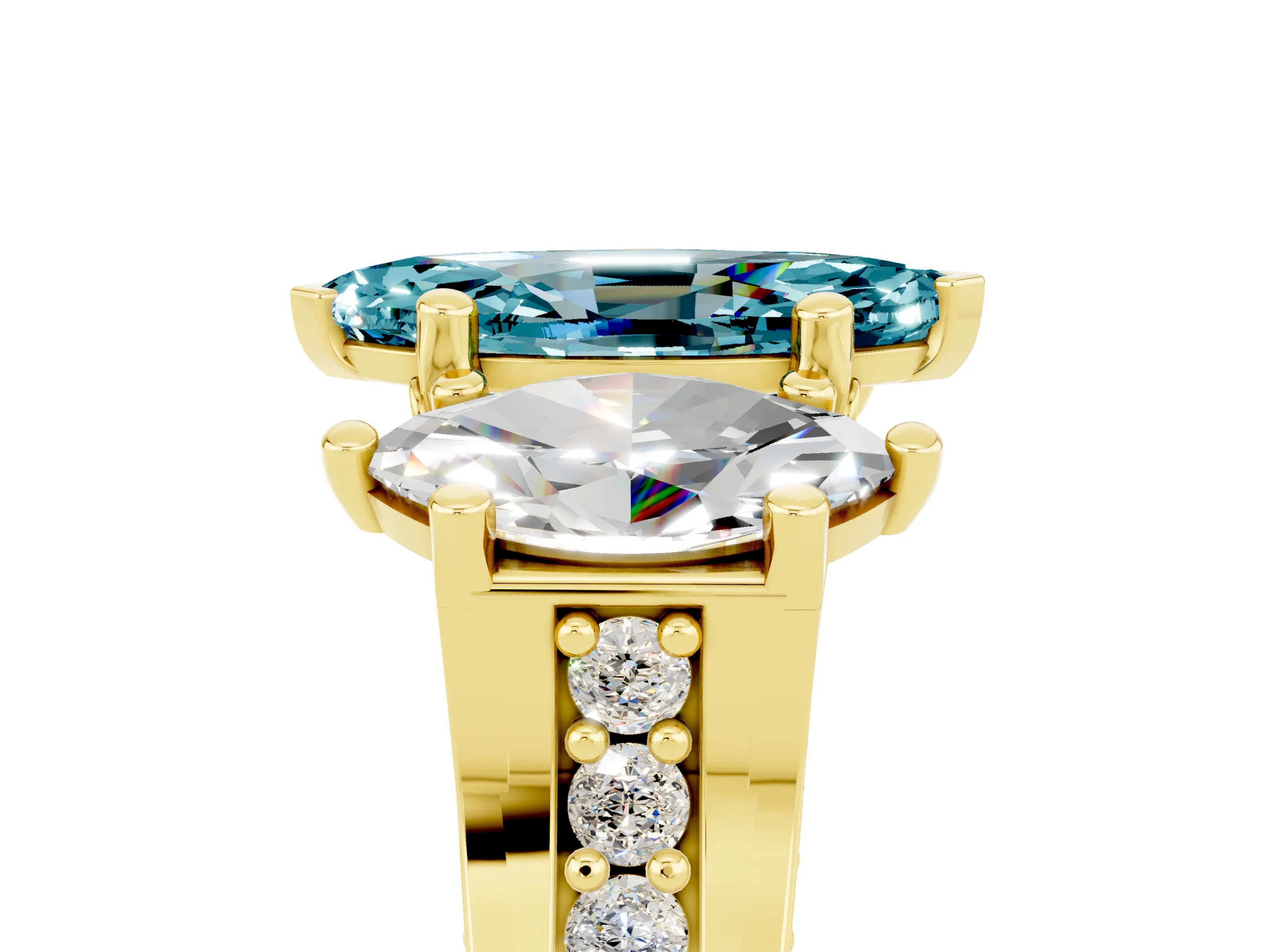 Yellow gold Marquise Cut Blue Topaz Three-Stone Ring with Channel Set Band and Four-Prong Setting_5