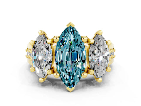 Yellow gold Marquise Cut Blue Topaz Three-Stone Ring with Channel Set Band and Four-Prong Setting