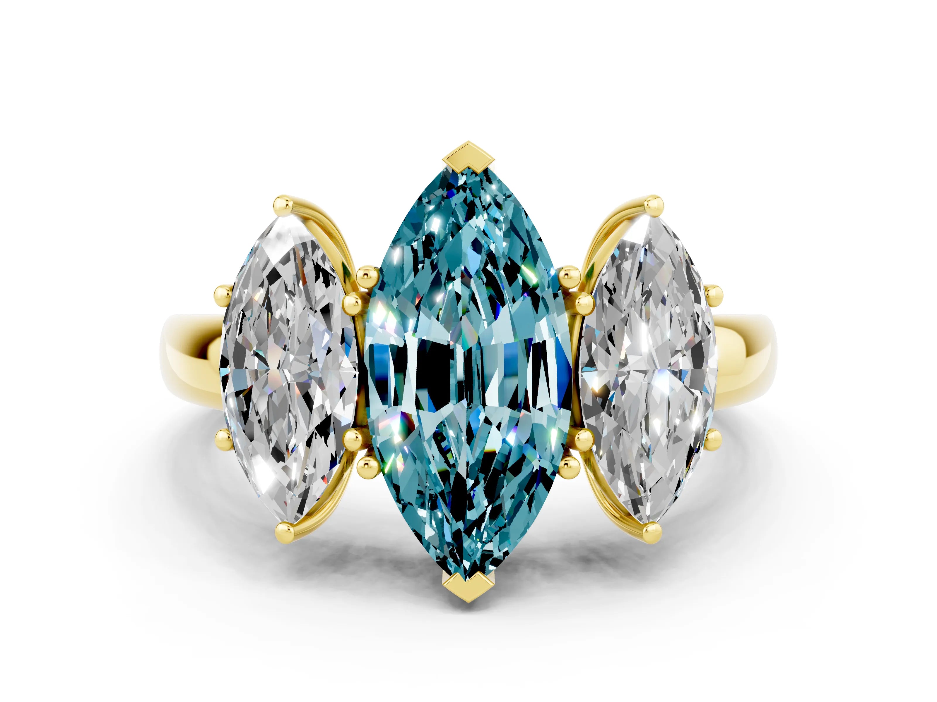 Yellow gold Marquise Cut Blue Topaz Three-Stone Ring with Four-Prong Setting and Classic Band