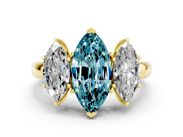 Yellow gold Marquise Cut Blue Topaz Three-Stone Ring with Four-Prong Setting and Classic Band