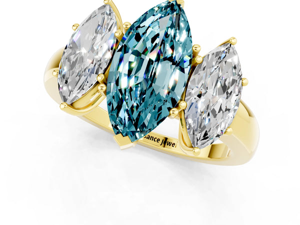 Yellow gold Marquise Cut Blue Topaz Three-Stone Ring with Four-Prong Setting and Classic Band