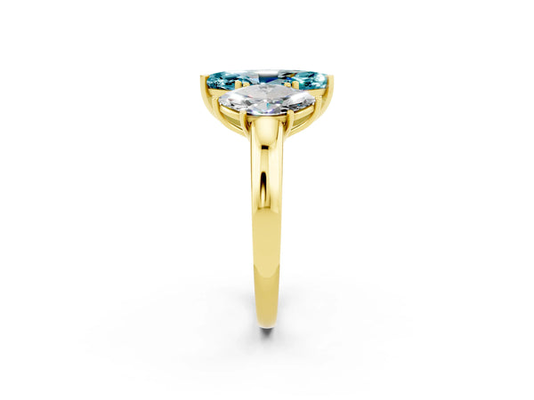 Yellow gold Marquise Cut Blue Topaz Three-Stone Ring with Four-Prong Setting and Classic Band