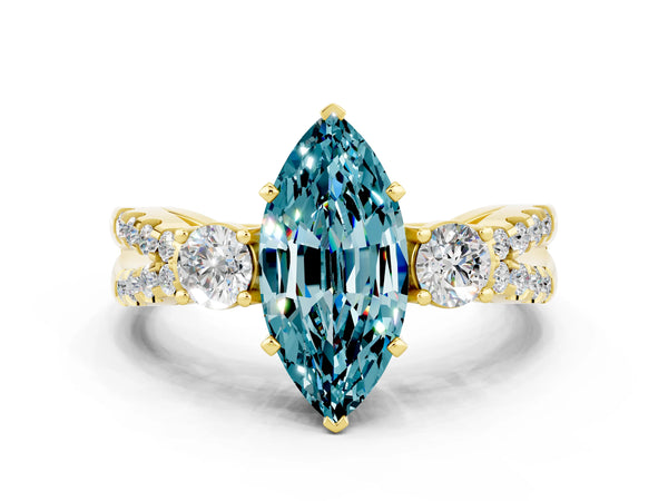 Yellow gold Marquise Cut Blue Topaz Three-Stone Ring with Pavé Split Shank and Four-Prong Setting