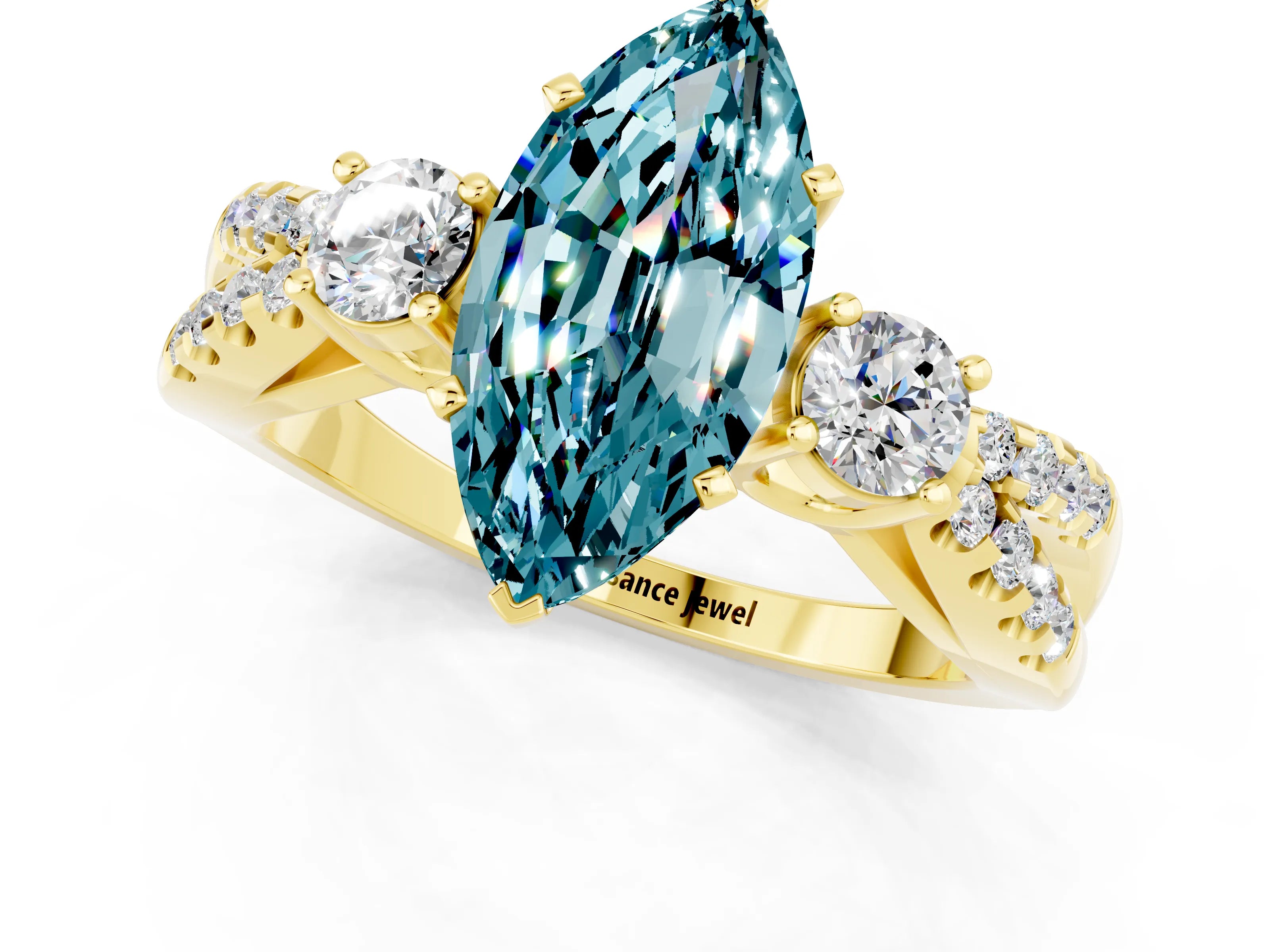 Yellow gold Marquise Cut Blue Topaz Three-Stone Ring with Pavé Split Shank and Four-Prong Setting_13