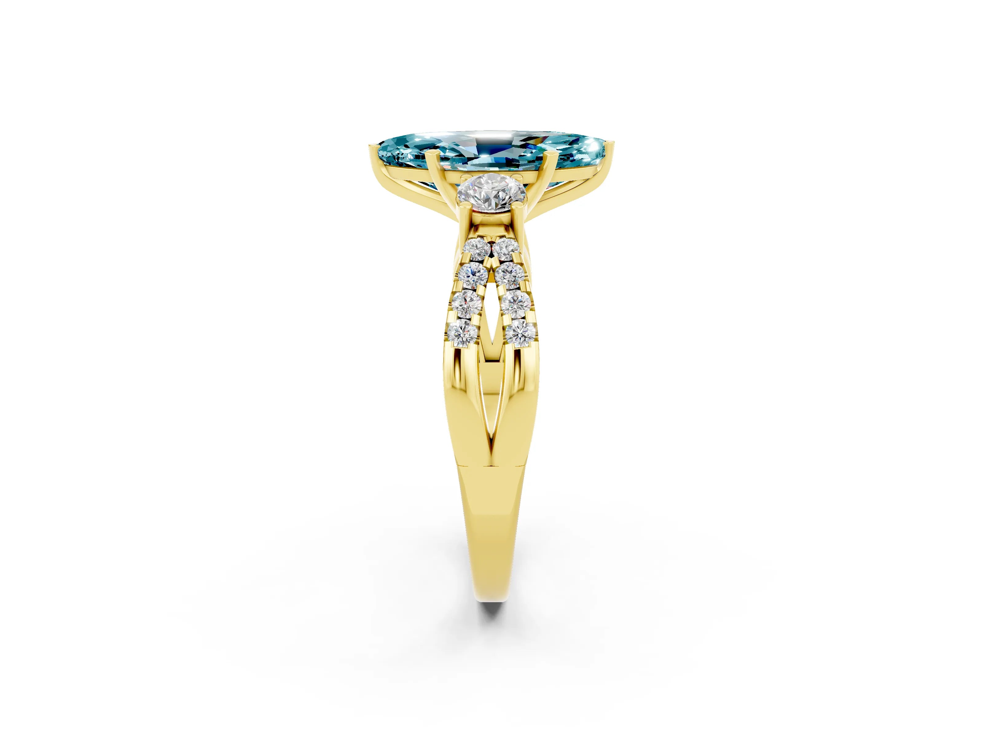 Yellow gold Marquise Cut Blue Topaz Three-Stone Ring with Pavé Split Shank and Four-Prong Setting_14