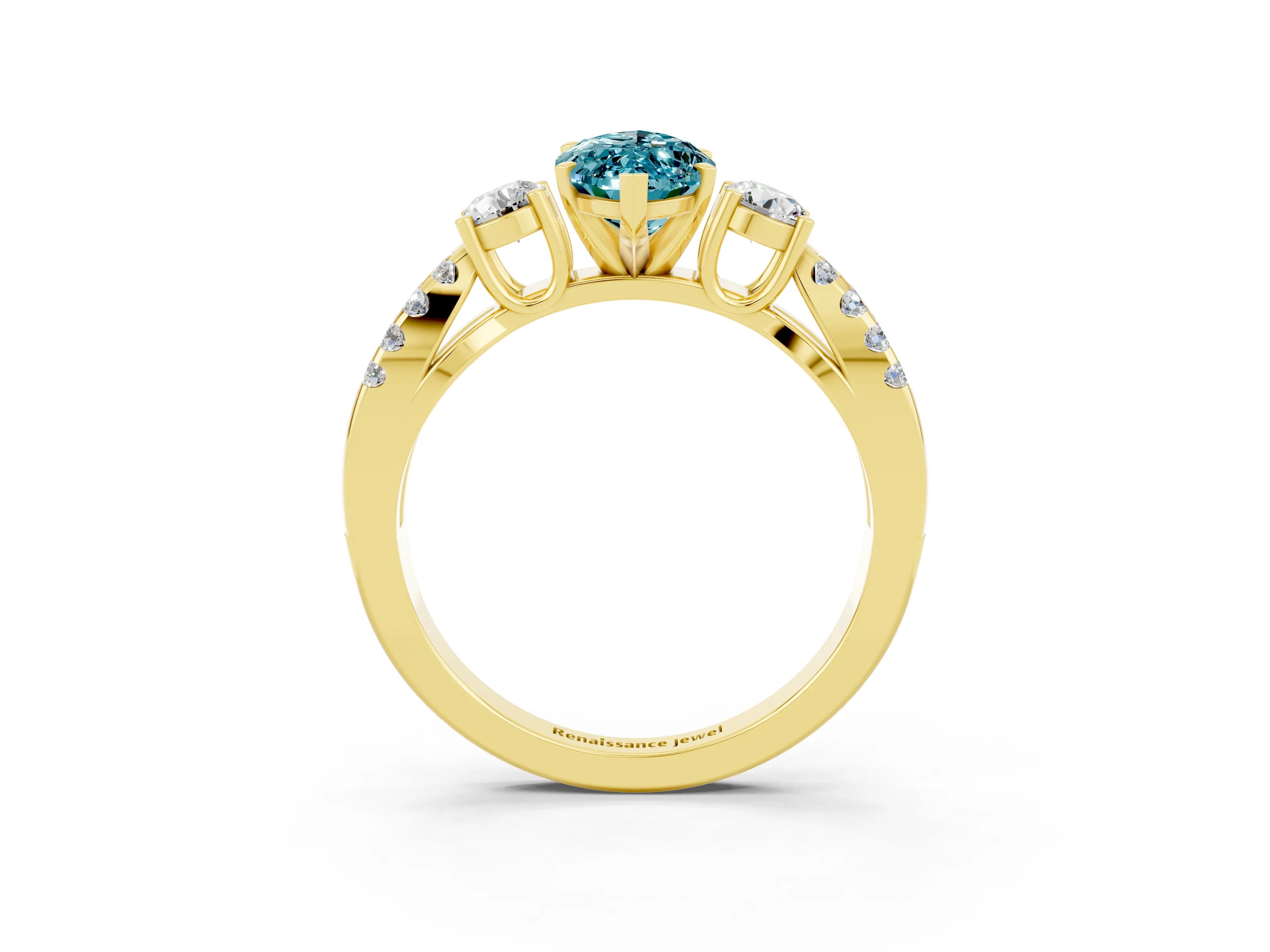 Yellow gold Marquise Cut Blue Topaz Three-Stone Ring with Pavé Split Shank and Four-Prong Setting_15