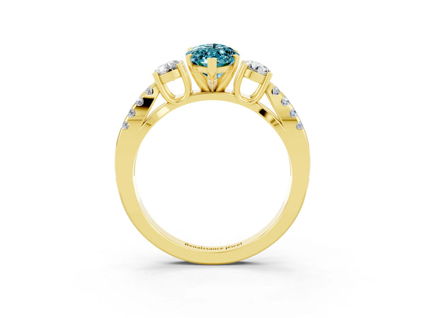Yellow gold Marquise Cut Blue Topaz Three-Stone Ring with Pavé Split Shank and Four-Prong Setting