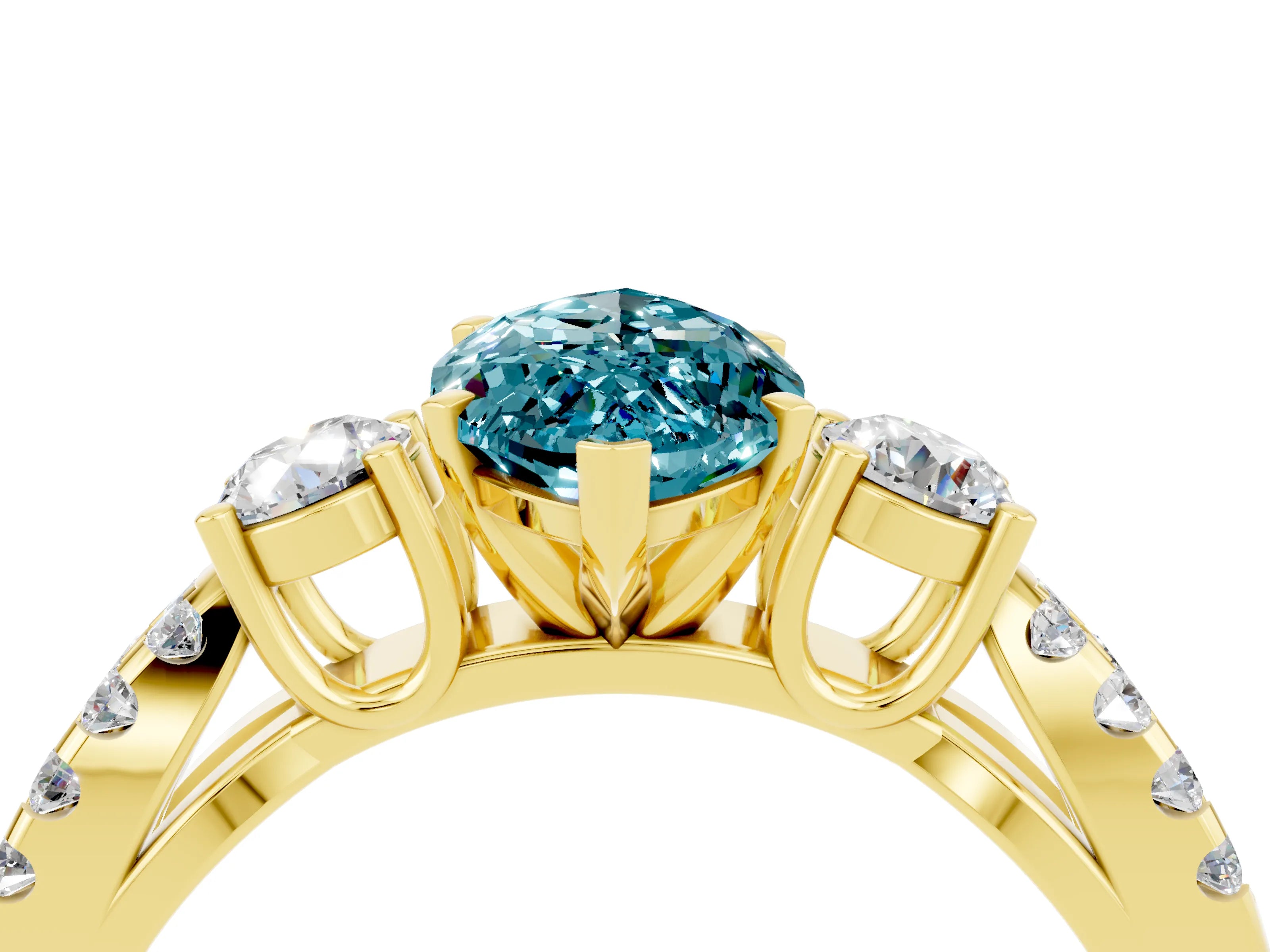 Yellow gold Marquise Cut Blue Topaz Three-Stone Ring with Pavé Split Shank and Four-Prong Setting_16