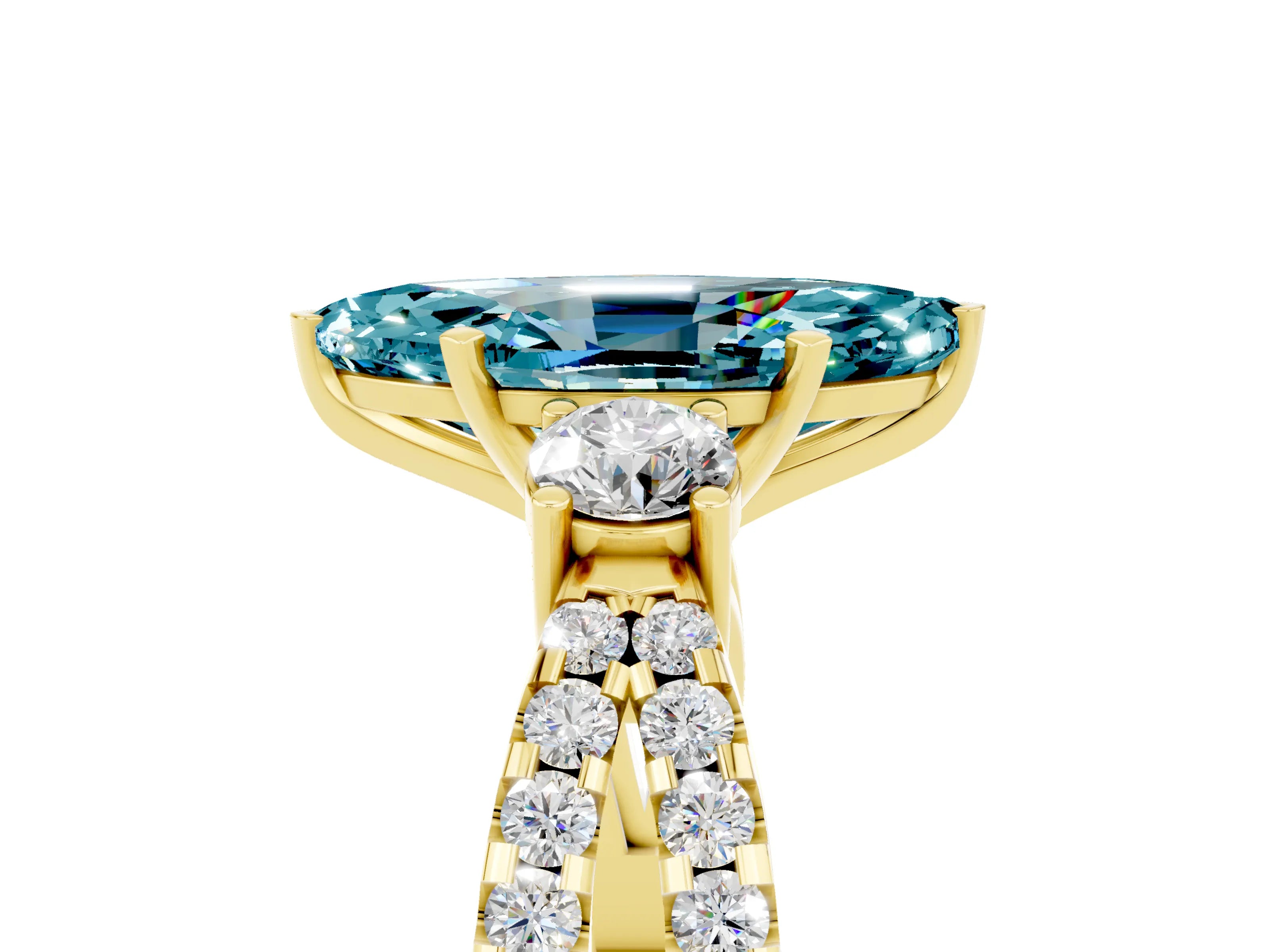 Yellow gold Marquise Cut Blue Topaz Three-Stone Ring with Pavé Split Shank and Four-Prong Setting_17