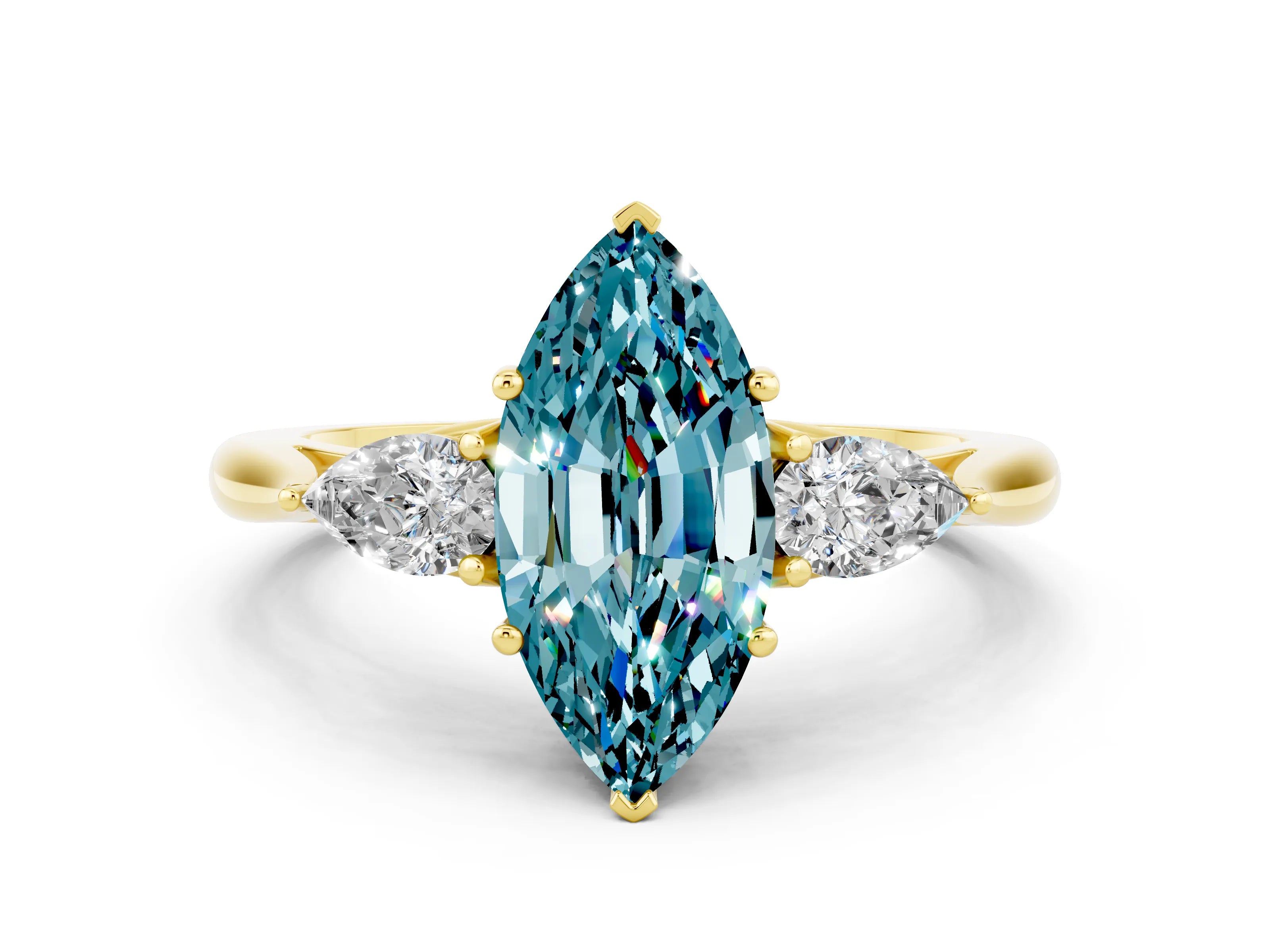 Yellow gold Marquise Cut Blue Topaz Three-Stone Ring with Pear Side Stones and Four-Prong Setting_12