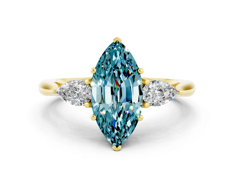 Yellow gold Marquise Cut Blue Topaz Three-Stone Ring with Pear Side Stones and Four-Prong Setting_12
