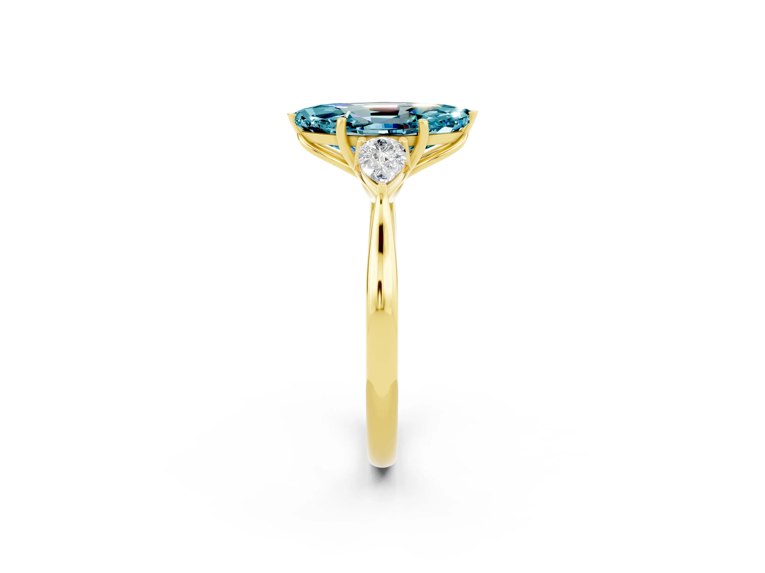 Yellow gold Marquise Cut Blue Topaz Three-Stone Ring with Pear Side Stones and Four-Prong Setting_14