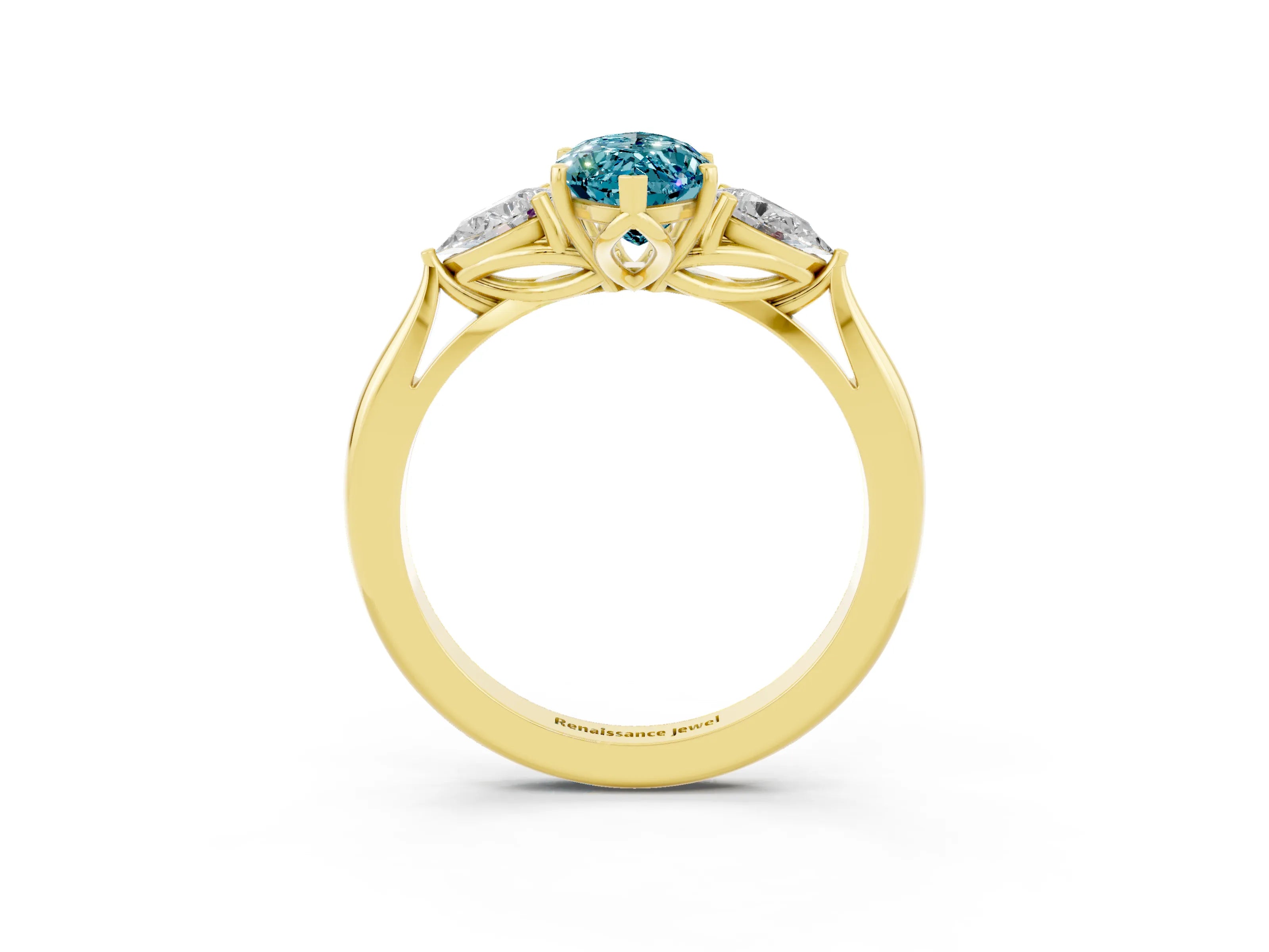 Yellow gold Marquise Cut Blue Topaz Three-Stone Ring with Pear Side Stones and Four-Prong Setting_15