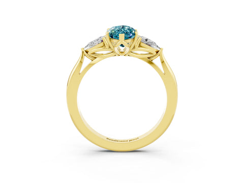 Yellow gold Marquise Cut Blue Topaz Three-Stone Ring with Pear Side Stones and Four-Prong Setting_15