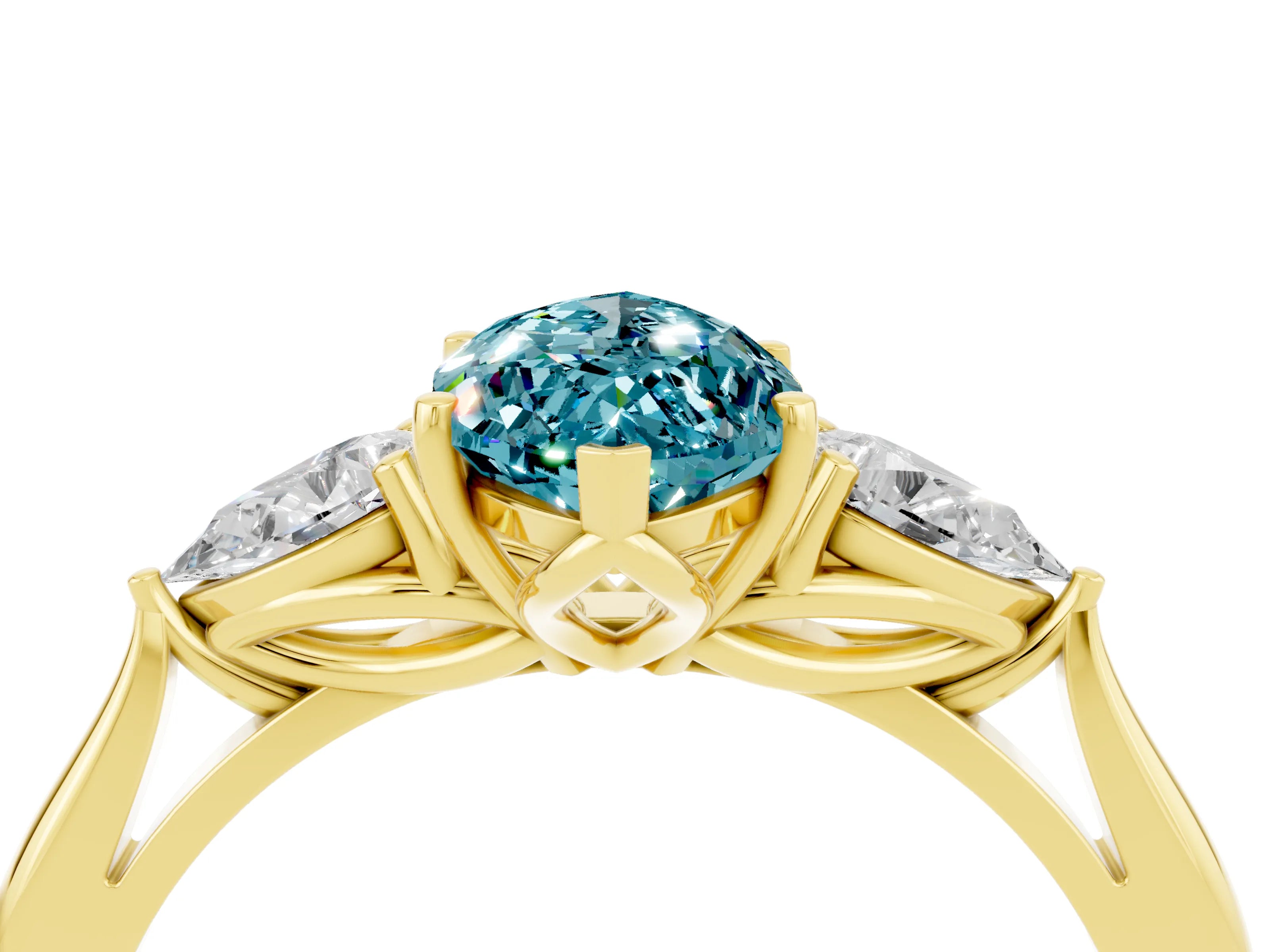 Yellow gold Marquise Cut Blue Topaz Three-Stone Ring with Pear Side Stones and Four-Prong Setting_16