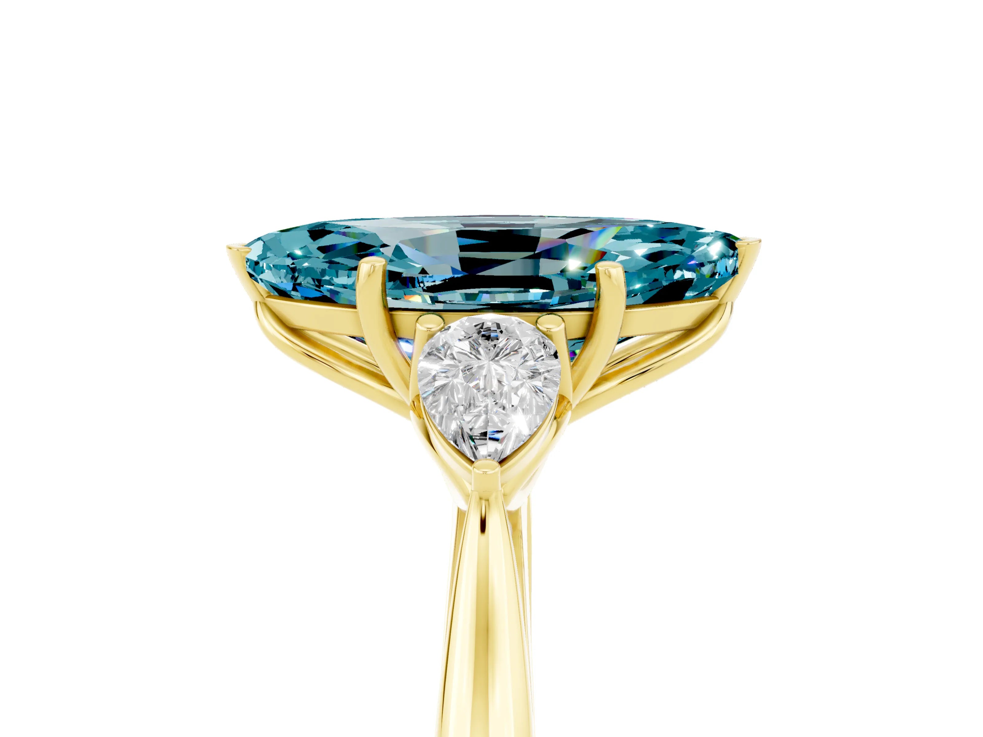 Yellow gold Marquise Cut Blue Topaz Three-Stone Ring with Pear Side Stones and Four-Prong Setting_17