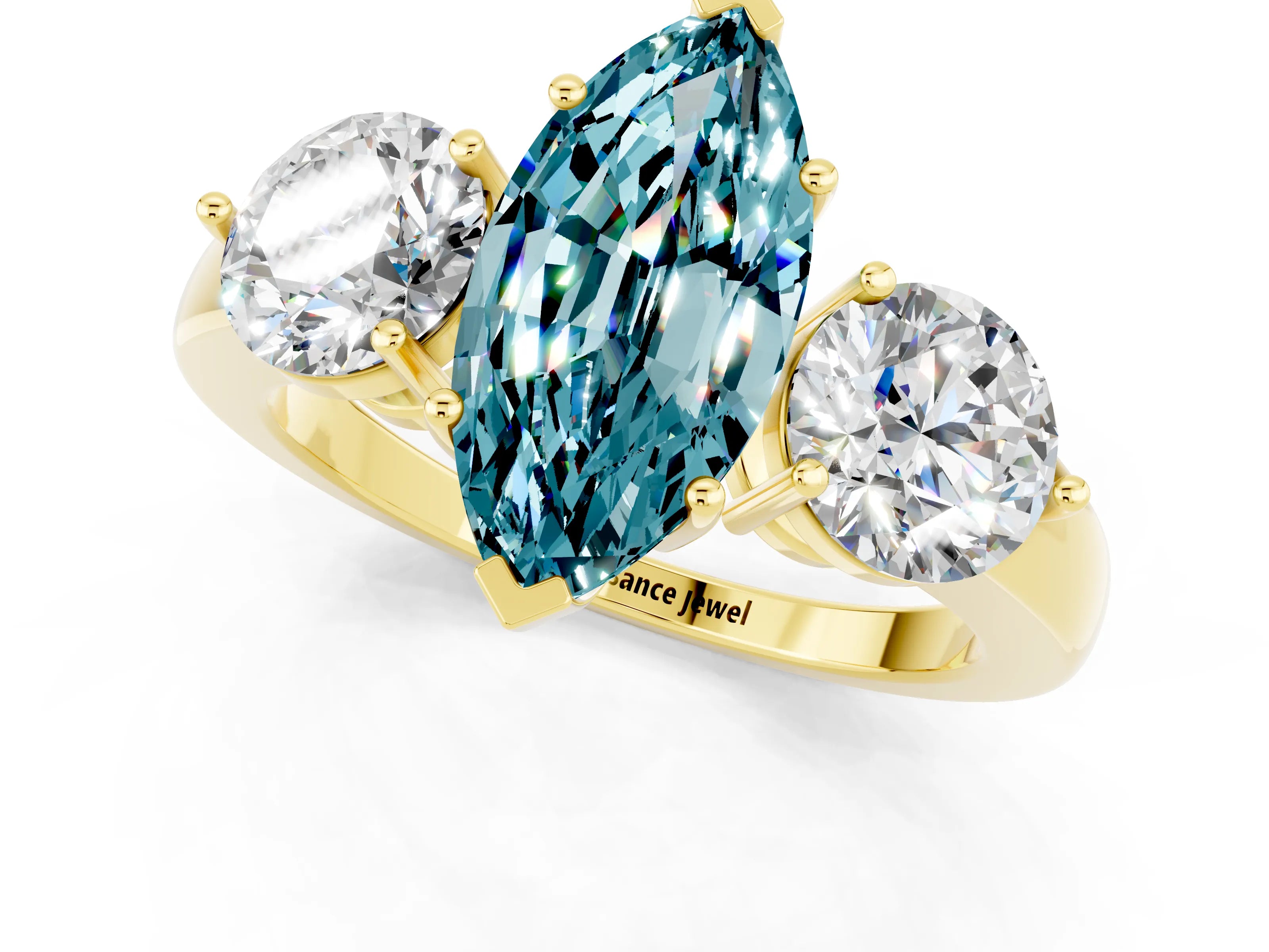 Yellow gold Marquise Cut Blue Topaz Three-Stone Ring with Prong Setting and Classic Band_1