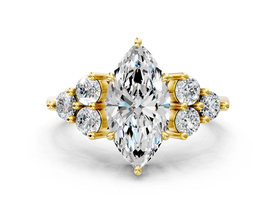 Yellow gold Marquise Cut Brilliant Diamond Cluster Accent Solitaire Ring with Prong Setting_15