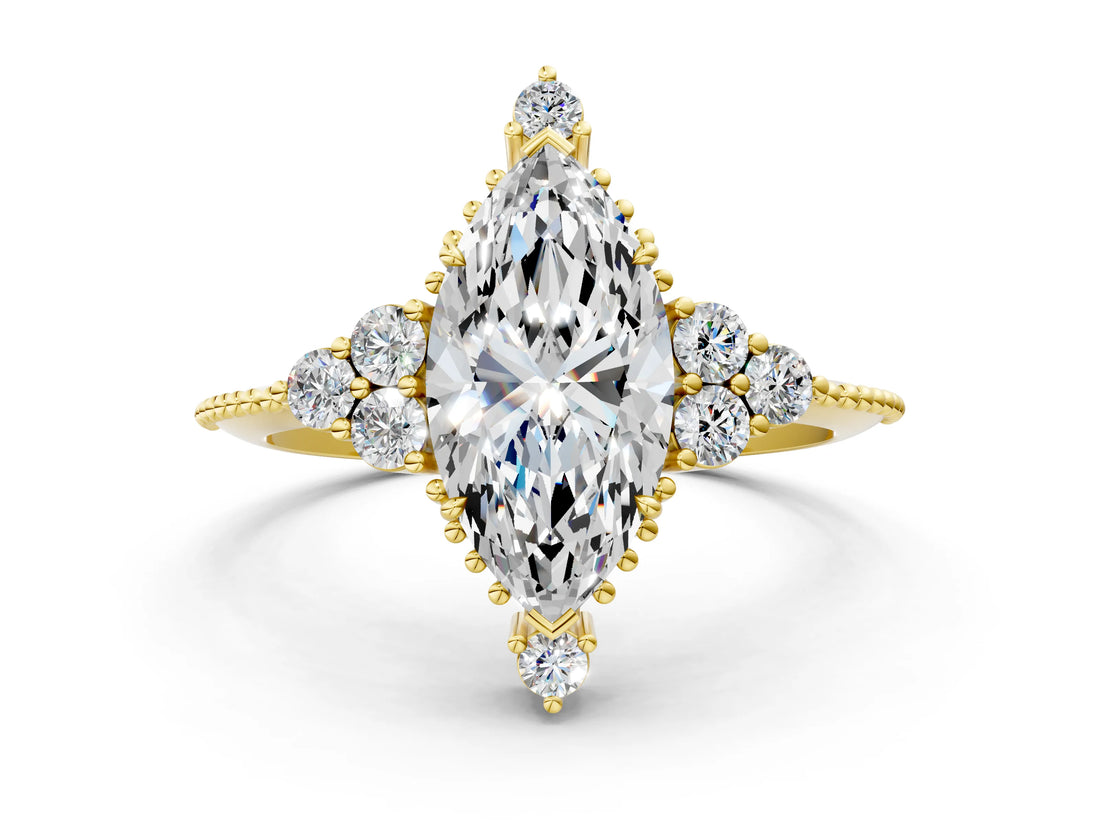 Yellow gold Marquise Cut Brilliant Diamond with Cluster Setting on a Beaded Band and Four-Prong Setting_15