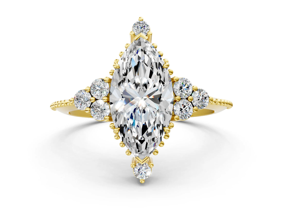 Yellow gold Marquise Cut Brilliant Diamond with Cluster Setting on a Beaded Band and Four-Prong Setting_3