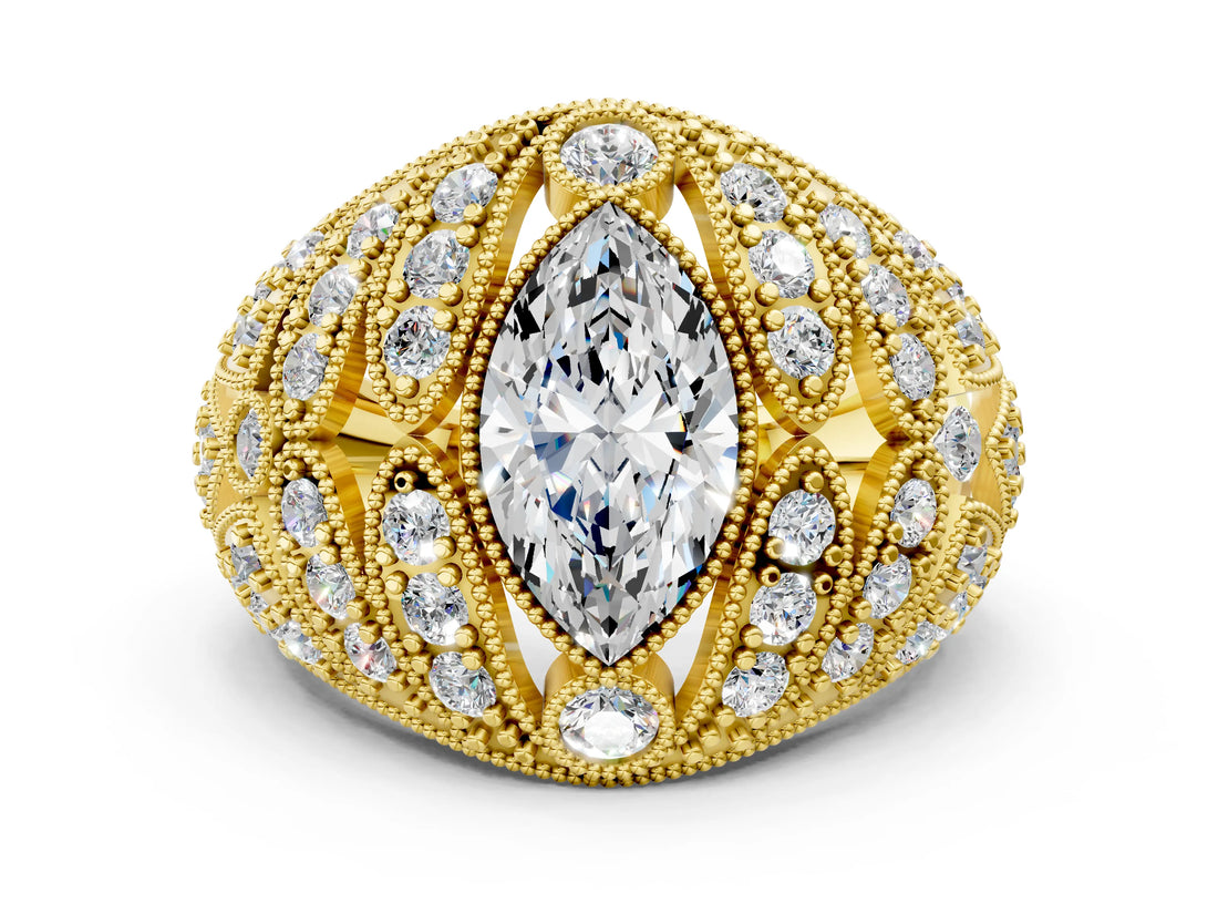 Yellow gold Marquise Cut Brilliant Halo Pave Diamond Milgrain Ring_13