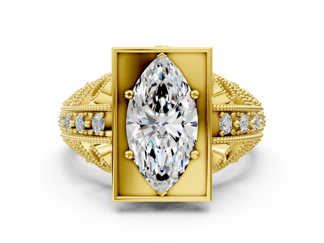 Yellow gold Marquise Cut Brilliant Milgrain Filigree Diamond Ring with Square Prong Setting_15