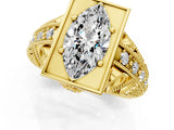 Yellow gold Marquise Cut Brilliant Milgrain Filigree Diamond Ring with Square Prong Setting_16