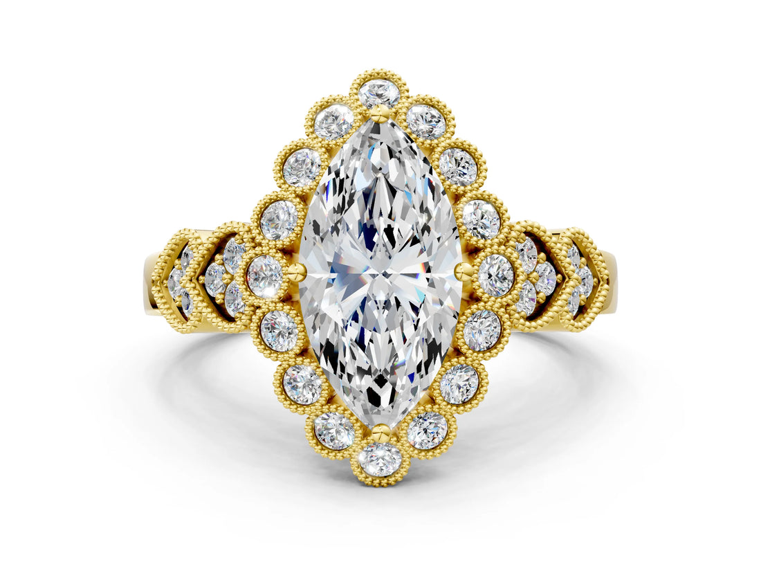 Yellow gold Marquise Cut Brilliant Milgrain Pave Heart Band Solitaire Ring_3