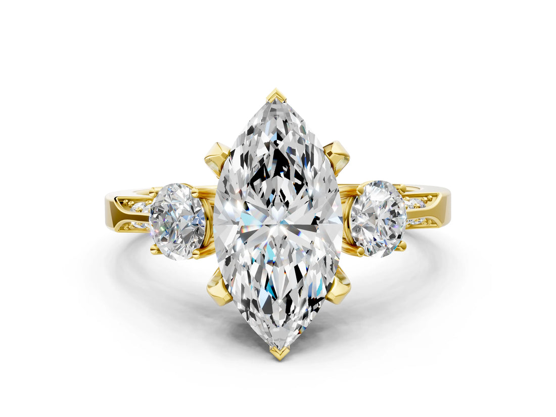 Yellow gold Marquise Cut Brilliant Three-Stone Diamond Ring with Pavé Band and Four-Prong Setting_3