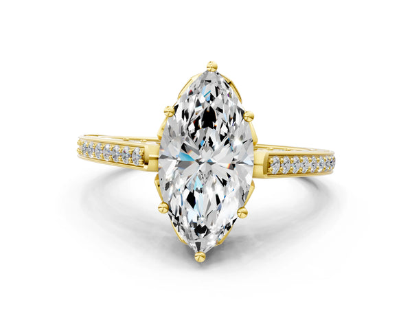 Yellow gold Marquise Cut Cathedral Pave Diamond Engagement Ring with Six-Prong Setting