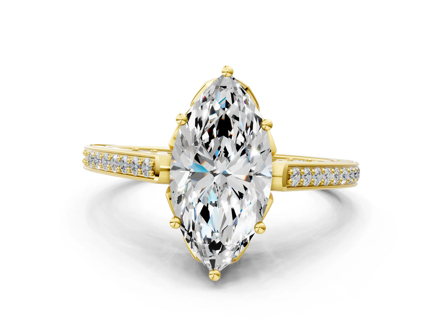 Yellow gold Marquise Cut Cathedral Pave Diamond Engagement Ring with Six-Prong Setting