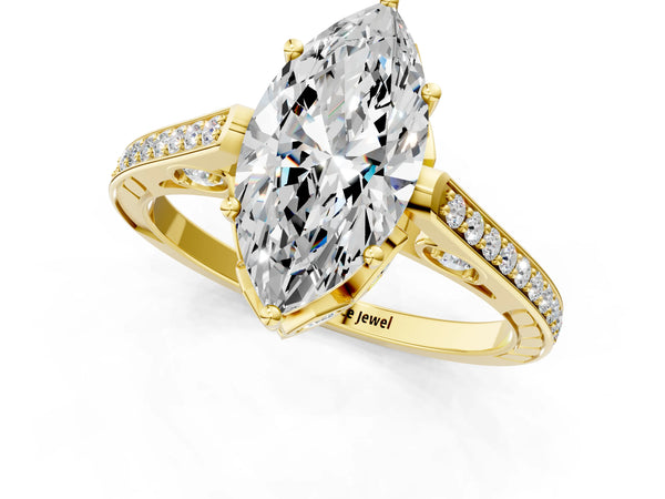 Yellow gold Marquise Cut Cathedral Pave Diamond Engagement Ring with Six-Prong Setting