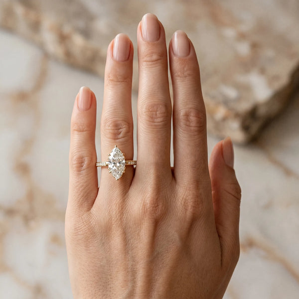Yellow gold Marquise Cut Cathedral Pave Diamond Engagement Ring with Six-Prong Setting