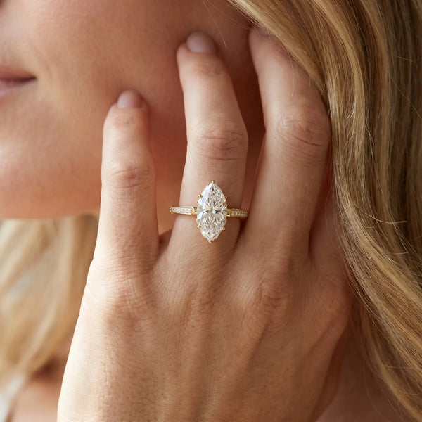 Yellow gold Marquise Cut Cathedral Pave Diamond Engagement Ring with Six-Prong Setting