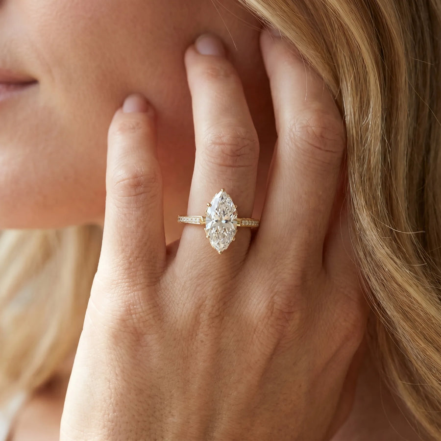 Yellow gold Marquise Cut Cathedral Pave Diamond Engagement Ring with Six-Prong Setting