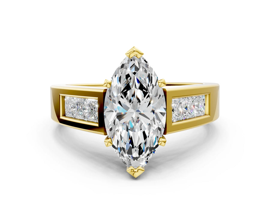 Yellow gold Marquise Cut Channel Set Solitaire Ring with Four-Prong Setting