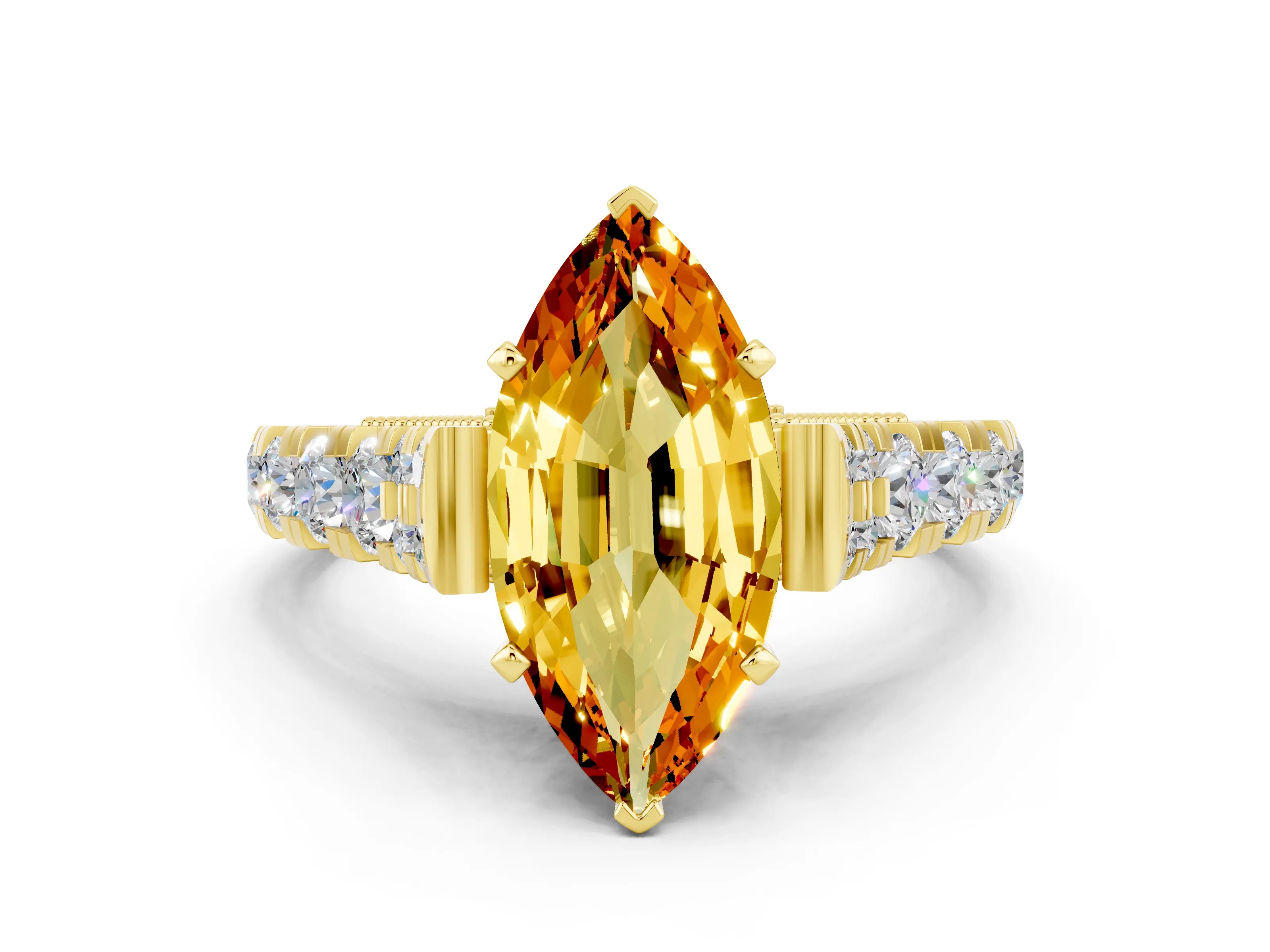 Yellow gold Marquise Cut Citrine Classic Solitaire Ring with Pavé Band and Four-Prong Setting