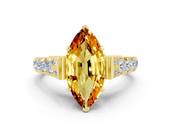 Yellow gold Marquise Cut Citrine Classic Solitaire Ring with Pavé Band and Four-Prong Setting