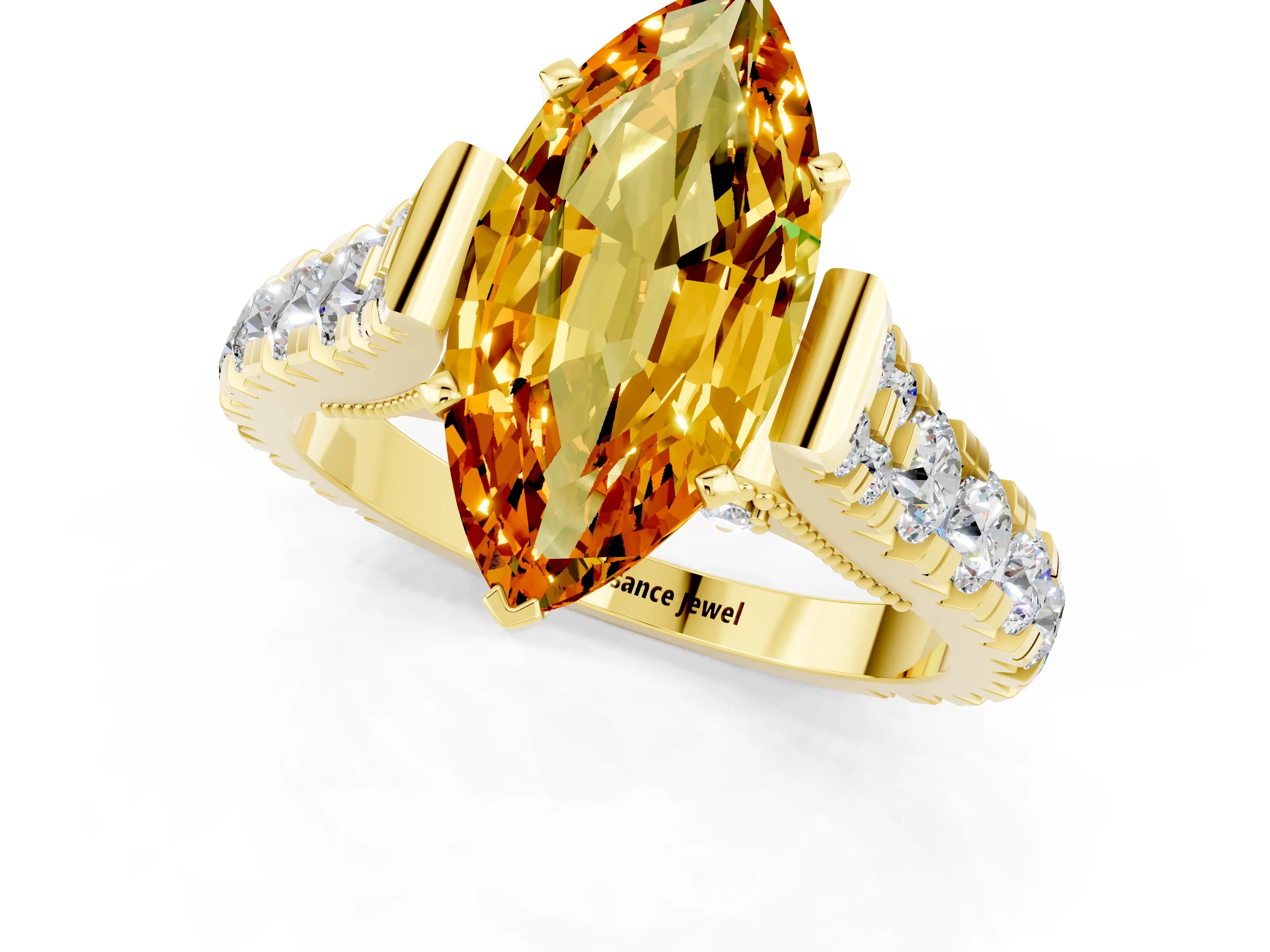 Yellow gold Marquise Cut Citrine Classic Solitaire Ring with Pavé Band and Four-Prong Setting_1