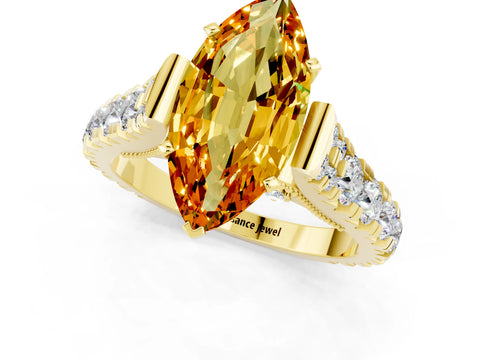 Yellow gold Marquise Cut Citrine Classic Solitaire Ring with Pavé Band and Four-Prong Setting_1