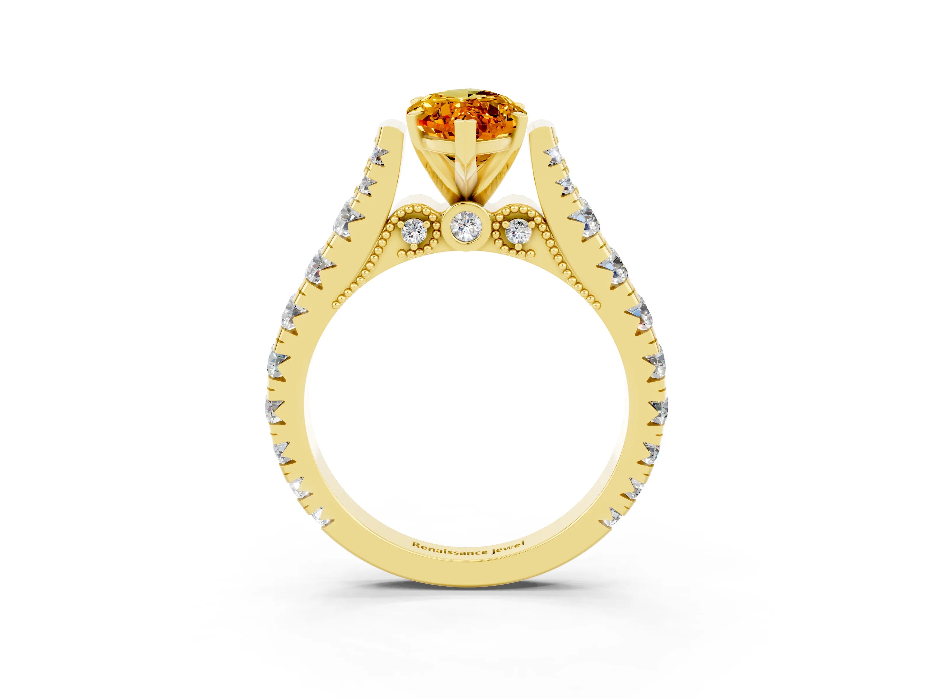 Yellow gold Marquise Cut Citrine Classic Solitaire Ring with Pavé Band and Four-Prong Setting_3