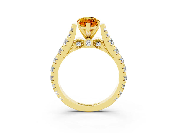 Yellow gold Marquise Cut Citrine Classic Solitaire Ring with Pavé Band and Four-Prong Setting