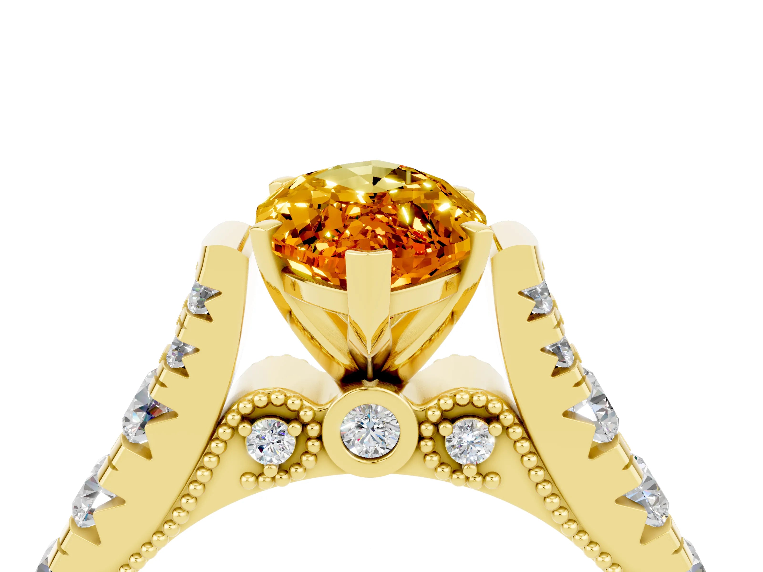 Yellow gold Marquise Cut Citrine Classic Solitaire Ring with Pavé Band and Four-Prong Setting_4