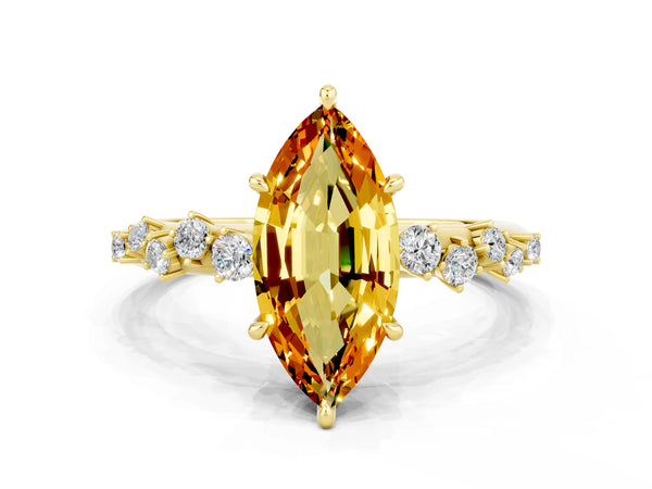 Yellow gold Marquise Cut Citrine Cluster Side Stone Solitaire Ring with Prong Setting