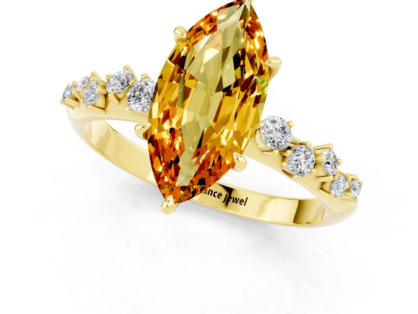 Yellow gold Marquise Cut Citrine Cluster Side Stone Solitaire Ring with Prong Setting
