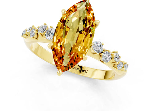Yellow gold Marquise Cut Citrine Cluster Side Stone Solitaire Ring with Prong Setting_25