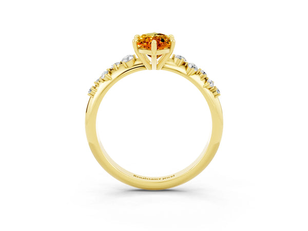 Yellow gold Marquise Cut Citrine Cluster Side Stone Solitaire Ring with Prong Setting