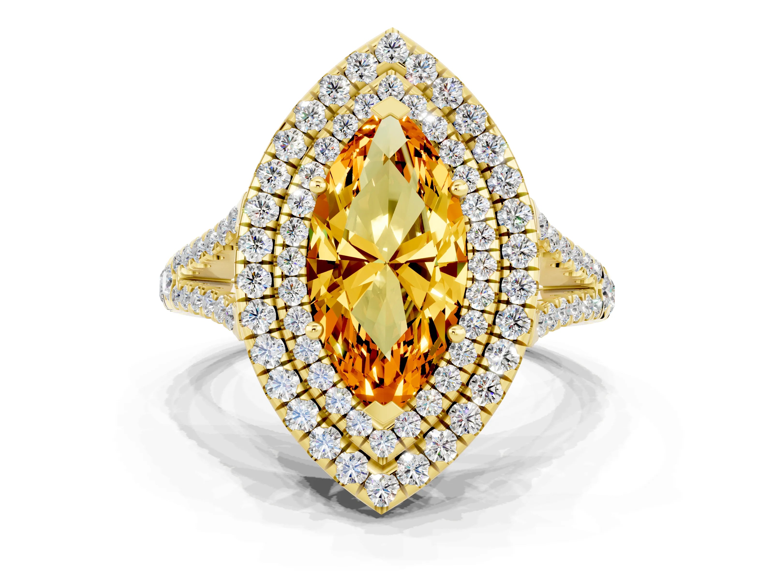 Yellow gold Marquise Cut Citrine Double Halo Ring with Pavé Band and Prong Setting_12