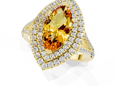 Yellow gold Marquise Cut Citrine Double Halo Ring with Pavé Band and Prong Setting_13