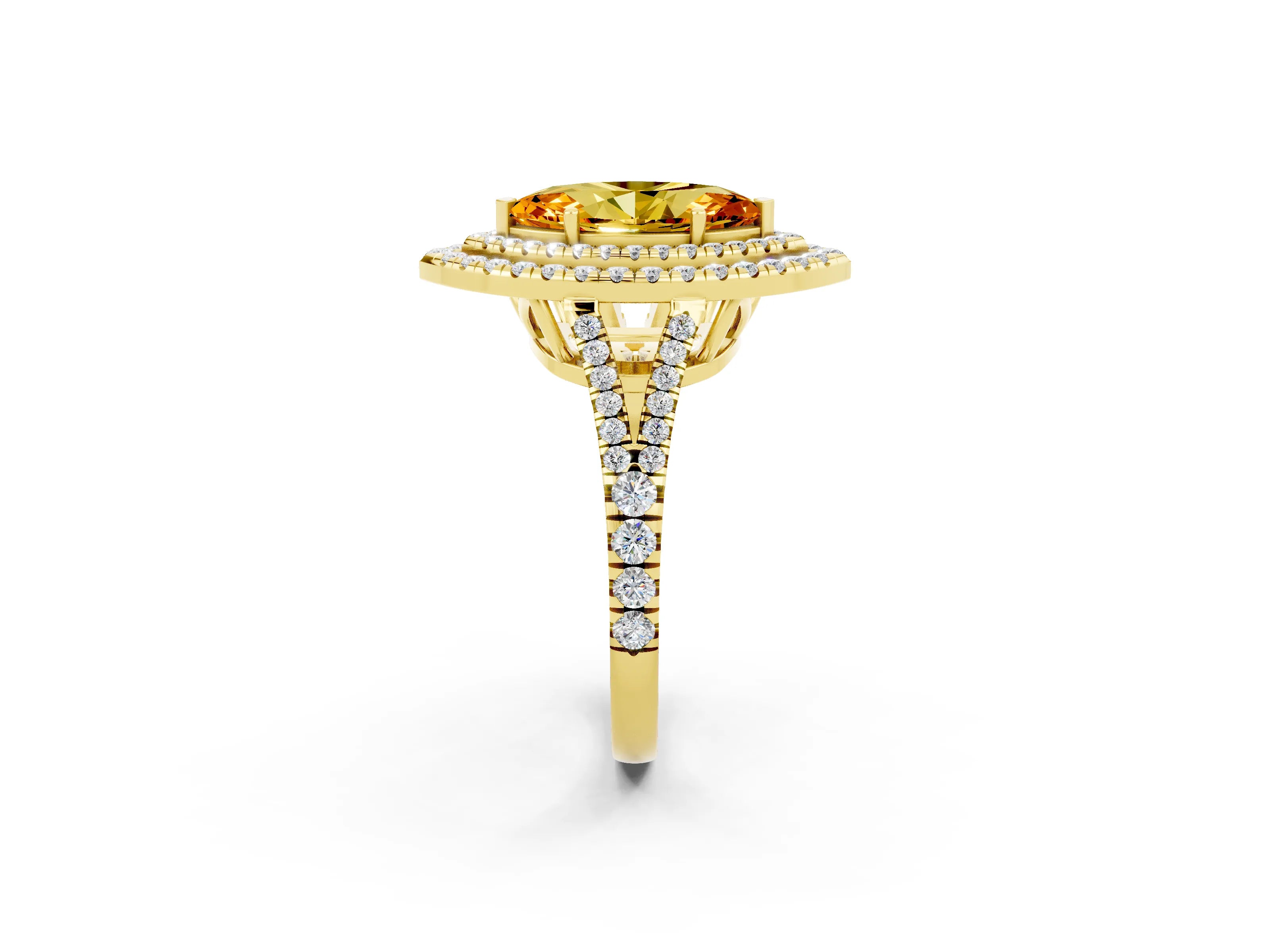 Yellow gold Marquise Cut Citrine Double Halo Ring with Pavé Band and Prong Setting_14